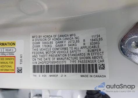 2025 Honda Civic Sport from USA, damaged, VIN 2HGFE2F59SH553370